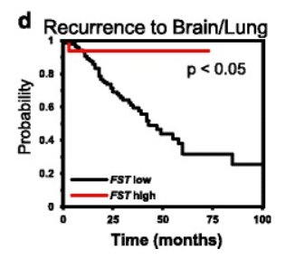 Recurrence-associated probability curves in breast cancer datasets stratified by follistatin (FST) expression.